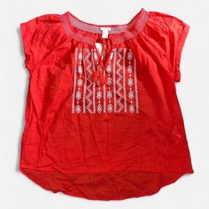 NWT Forever 21 red and white boho top with embroidery and tassel detail, size L